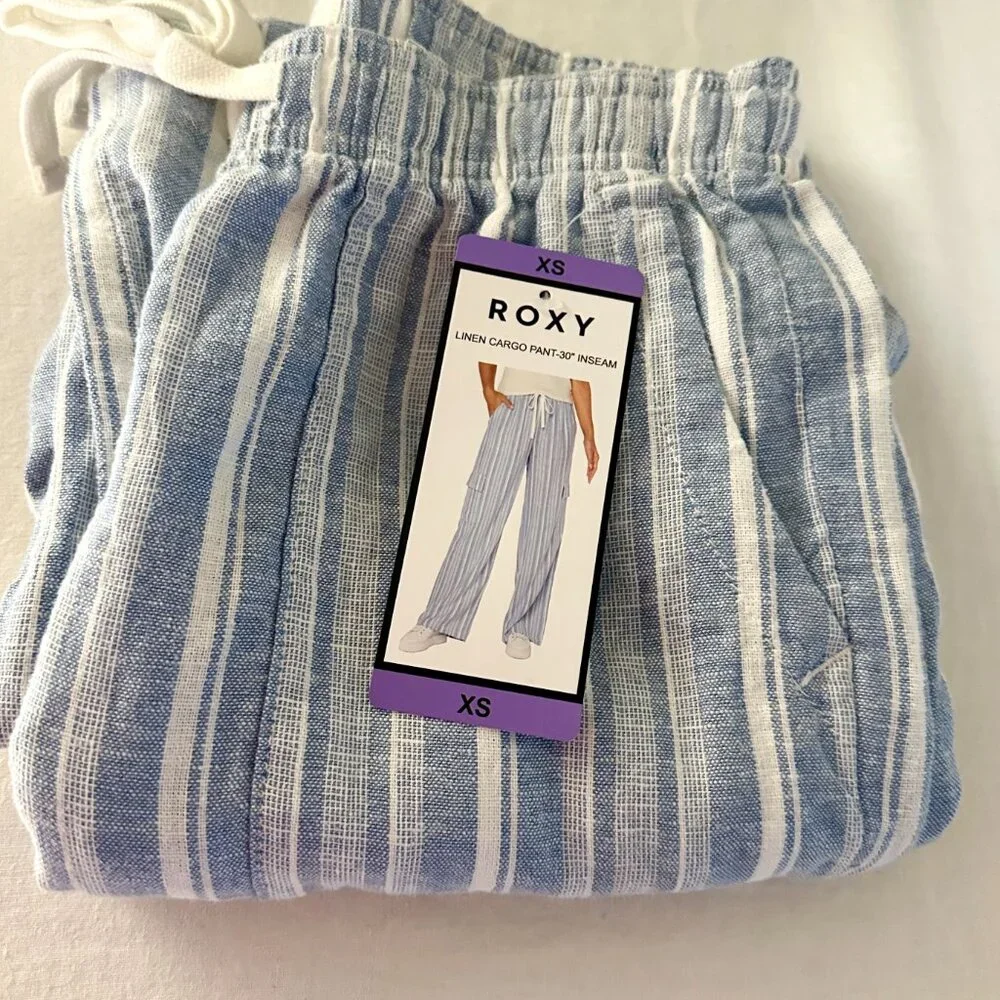 Roxy Women's Linen Blend Cargo Pant Size XS Blue Cottagecore Coastal Boho (NEW)